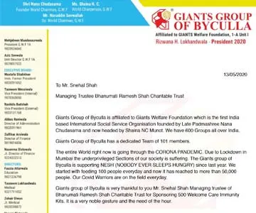 Letter of appreciation from Giants Group of Byculla