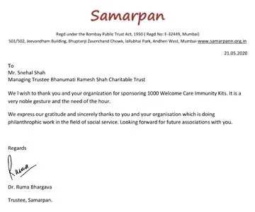 Letter of appreciation from Samarpan