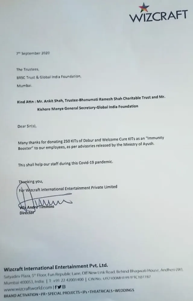 Appreciation letter from Wizcraft